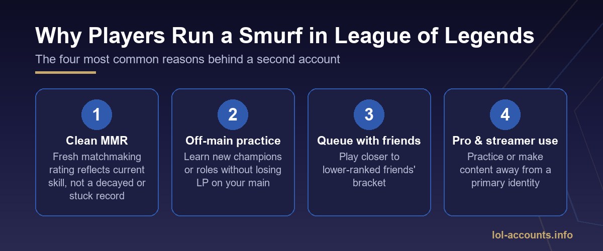 League of Legends smurf reasons: clean MMR, off-main practice, friend queues, and pro or streamer content