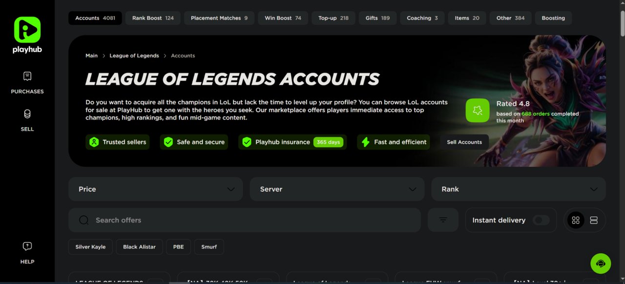 Playhub marketplace listing page for buying League of Legends accounts