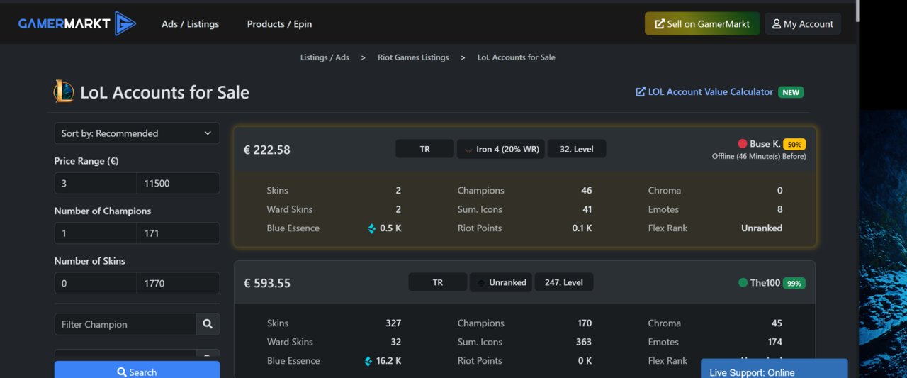 GamerMarkt European store listing League of Legends accounts