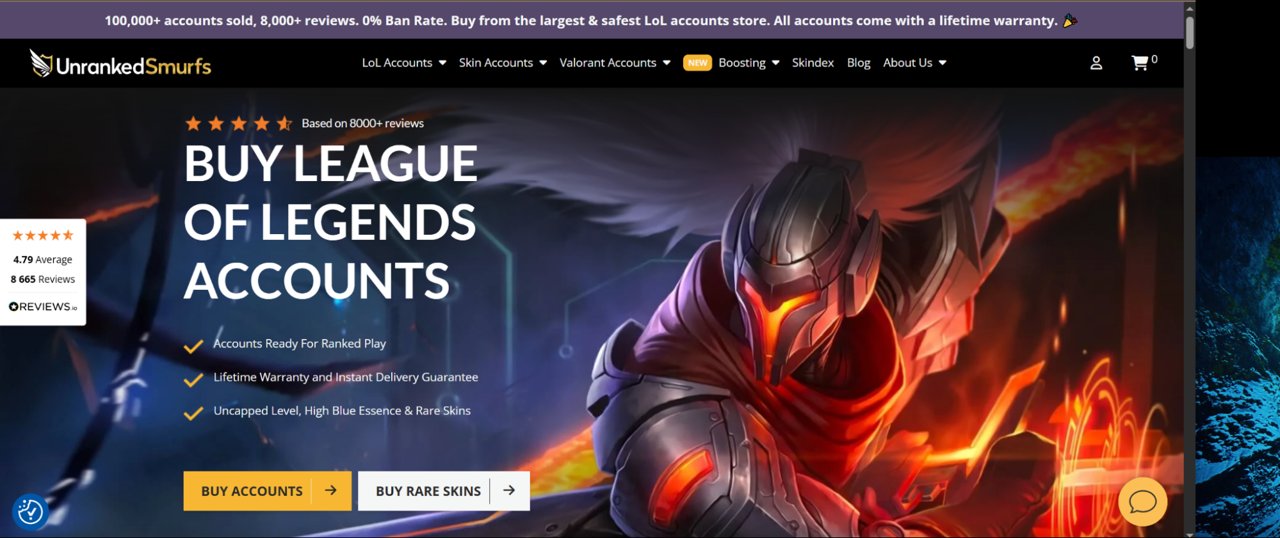 UnrankedSmurfs store page for League of Legends smurf accounts