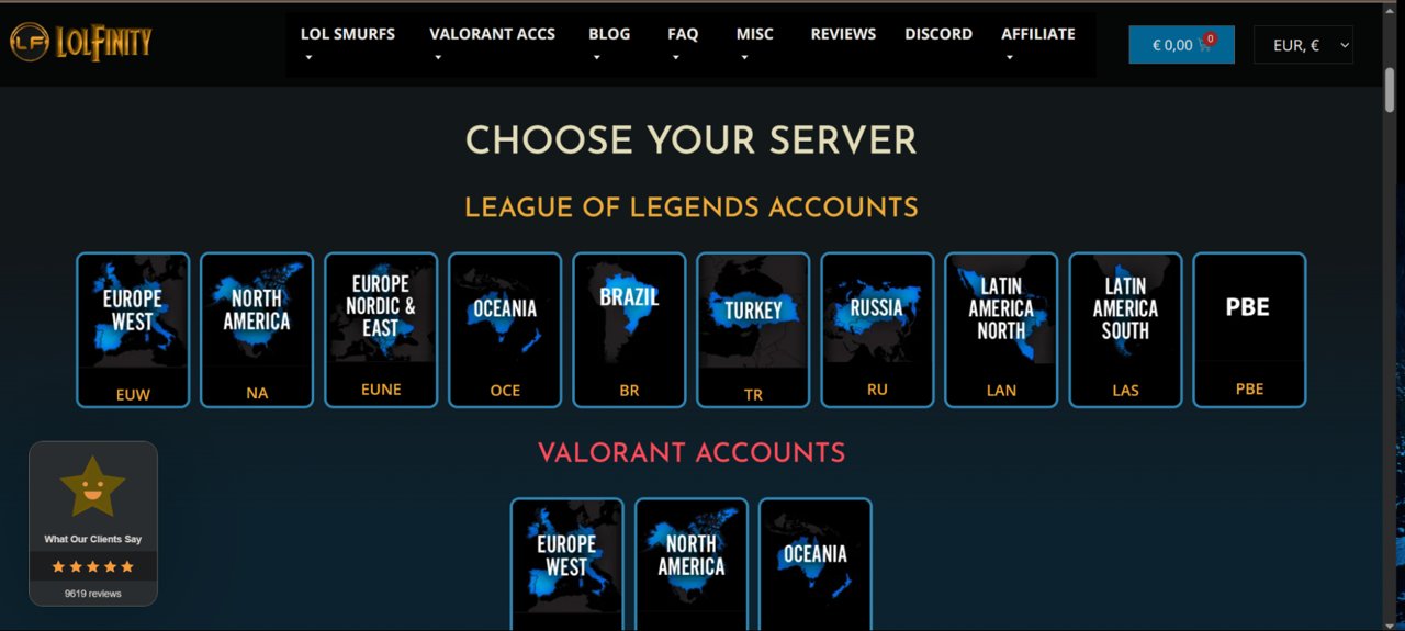 LolFinity store page dedicated to League of Legends accounts